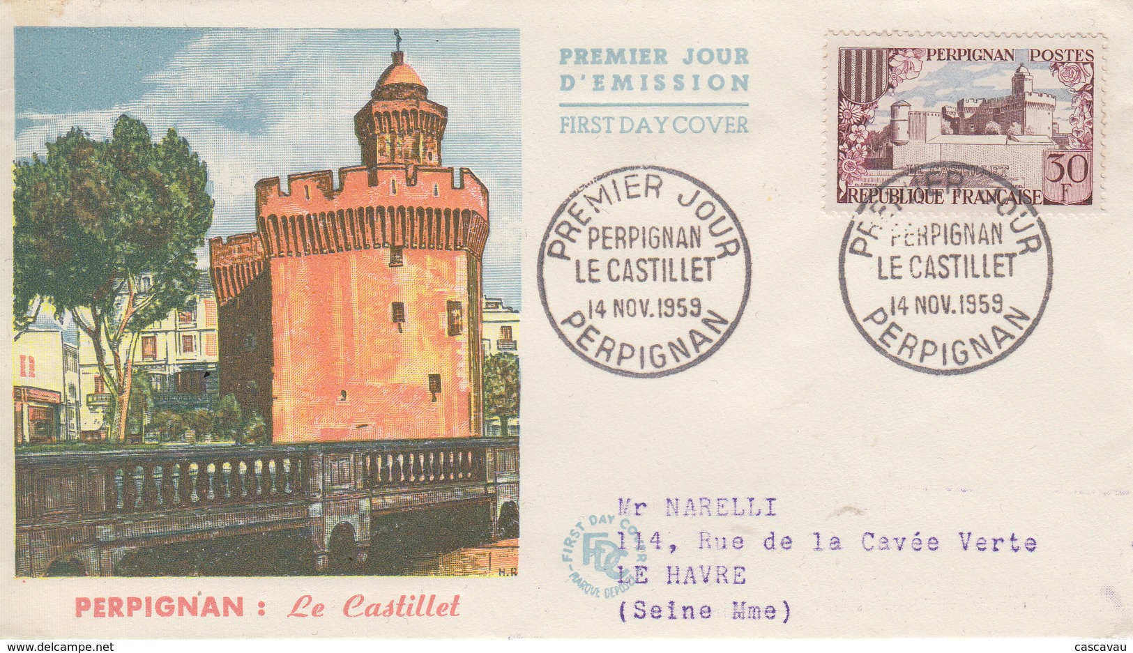 Enveloppe  FDC   1er Jour   FRANCE   PERPIGNAN  :  Le  Castillet   1959 - 1950-1959