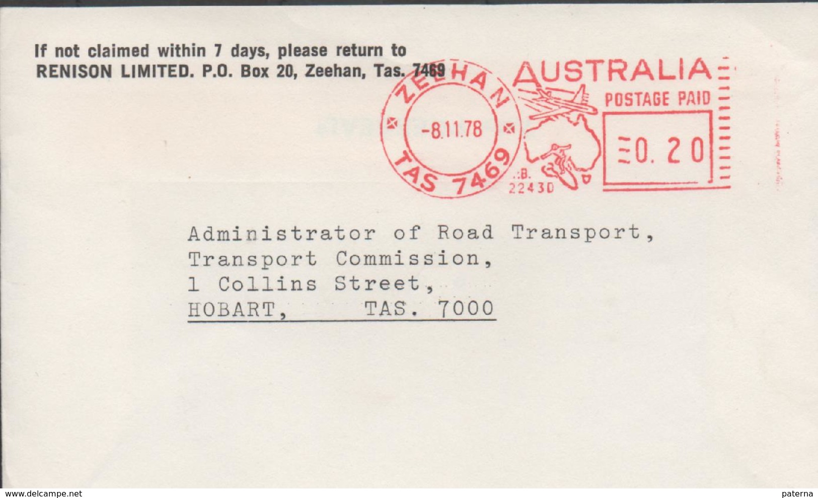 3290  Carta Zeehan 1978  Postage Paid - Covers & Documents