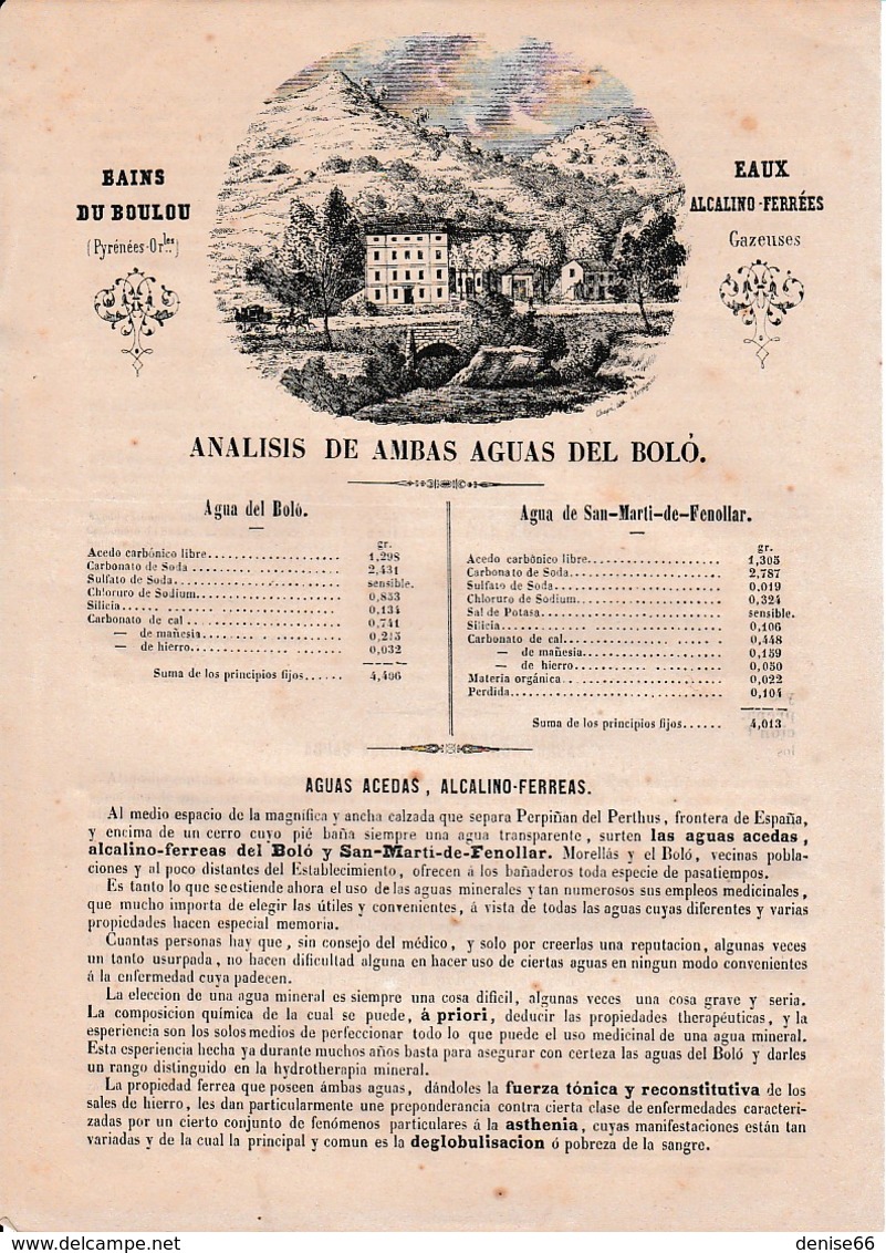 ANALYSE Des DEUX SOURCES Du BOULOU (66) - BAINS DU BOULOU - EAUX Alcalino-ferrées - EN CATALAN - Documents Historiques