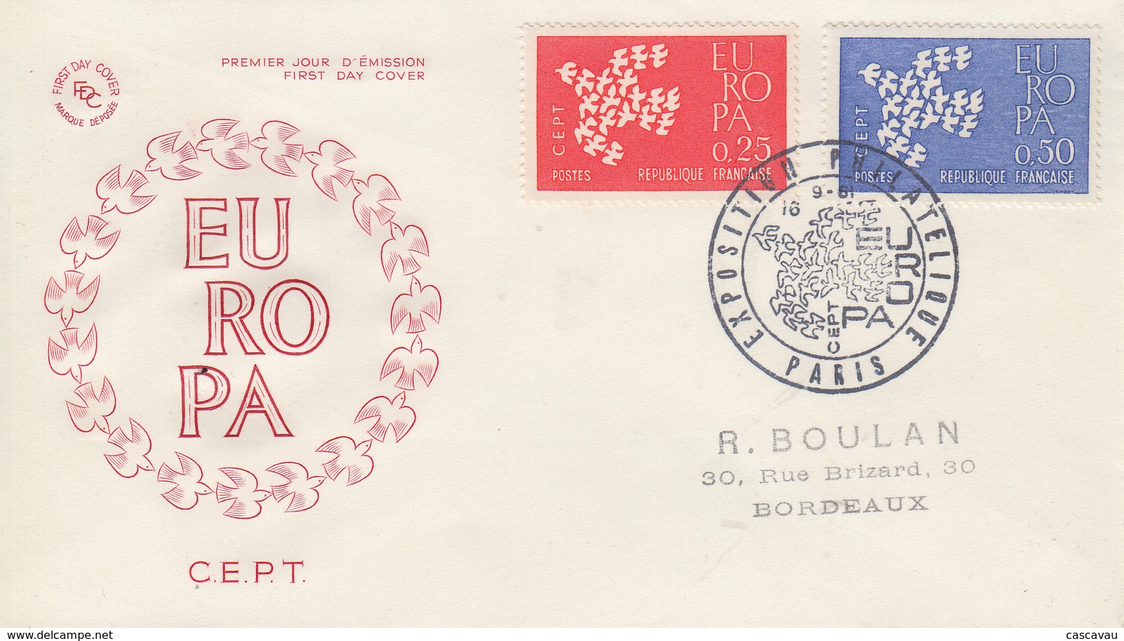 Enveloppe  FDC  1er   Jour   FRANCE    Paire   EUROPA    PARIS   1961 - 1960-1969