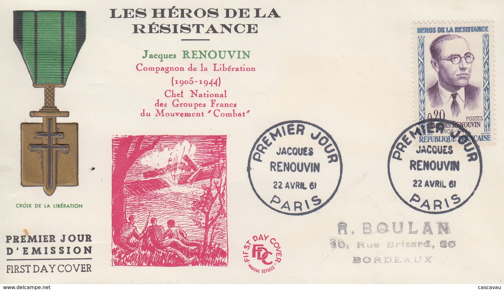 Enveloppe  FDC   FRANCE  1er  Jour  Héros  De  La  Résistance   Jacques  RENOUVIN   1961 - 1960-1969