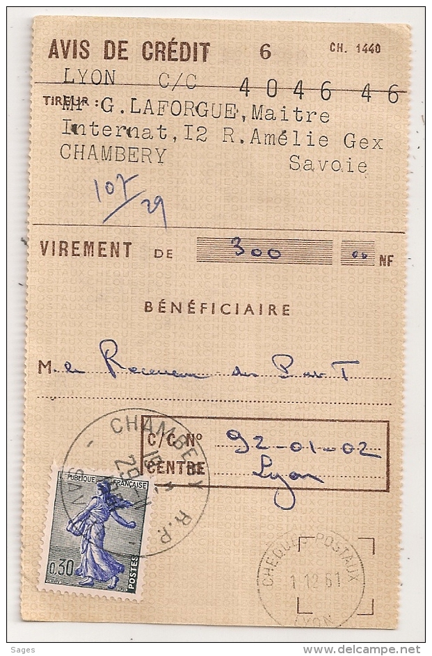 SEMEUSE De PIEL 0.30 SEULE Sur AVIS DE CREDIT CHAMBERY R.P. Savoie Pour Chéques Postaux LYON.PEU COMMUN. - 1961-....