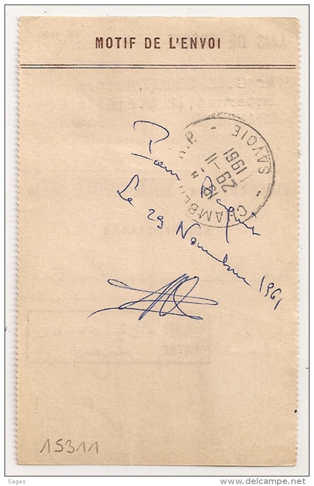 SEMEUSE De PIEL 0.30 SEULE Sur AVIS DE CREDIT CHAMBERY R.P. Savoie Pour Chéques Postaux LYON.PEU COMMUN. - 1961-....