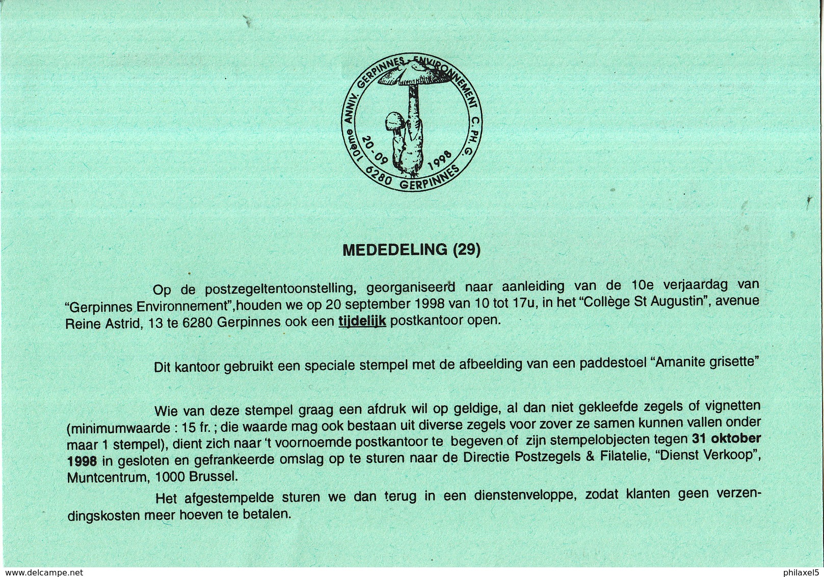 België - Dienstpostkaart 29/1998 - 20-09-1998 - 10ème Anniversaire Gerpinnes Environnement - Paddenstoel - Gerpinnes - Funghi