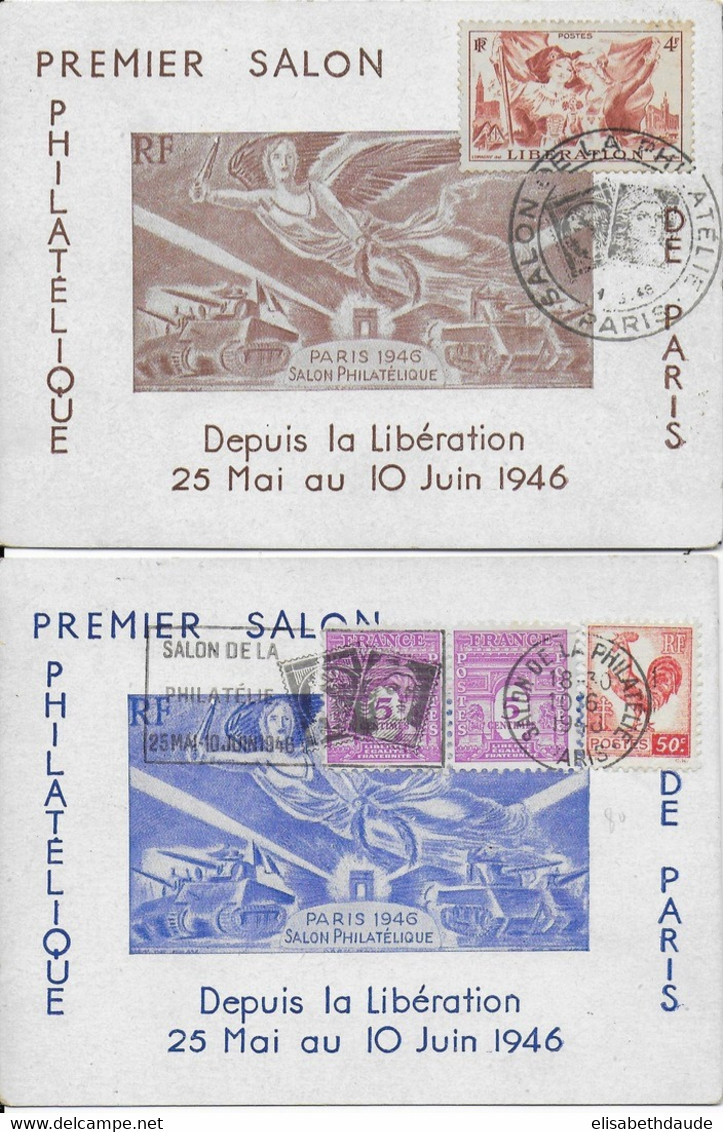 MECA + CACHET MANUEL : SALON DE LA PHILATELIE - 1946 - 2 CARTES COMMEMORATIVES DU 1° SALON DEPUIS LA LIBERATION - Libération