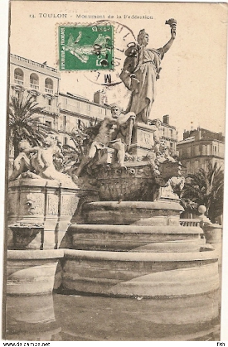 France  & Circulated, Toulon,  Place De La Liberté, Monument De La Fédération, Lyon 1908 France (13) - Monuments