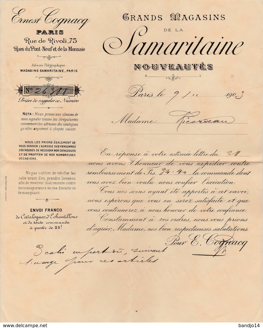 Paris  -1909- Magasin "La Samaritaine"  Bon De Livraison - Textilos & Vestidos