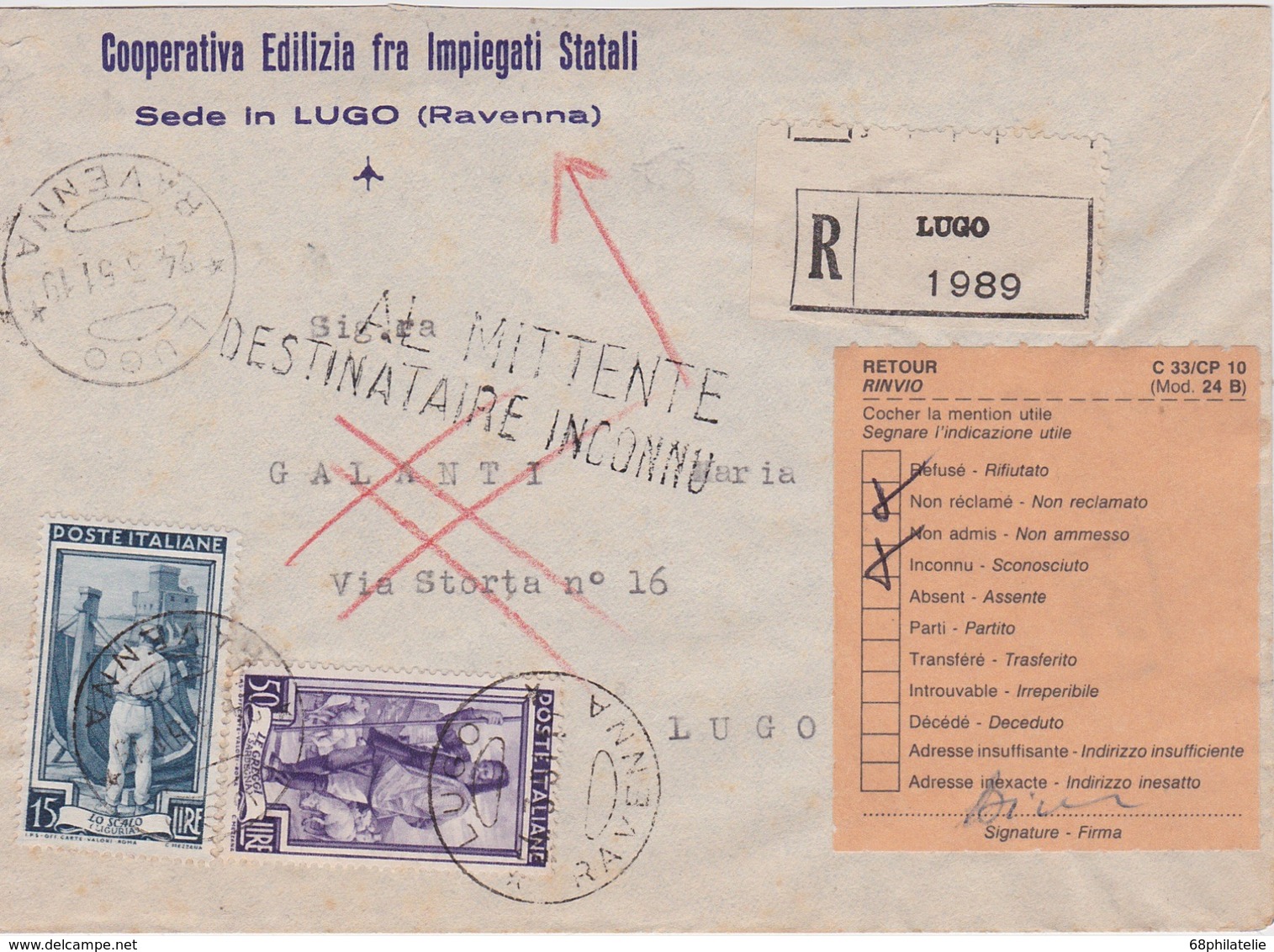 ITALIE 1951 LETTRE RECOMMANDEE DE LUGO RETOURNEE DESTINATAIRE INCONNU - 1946-60: Marcophilia