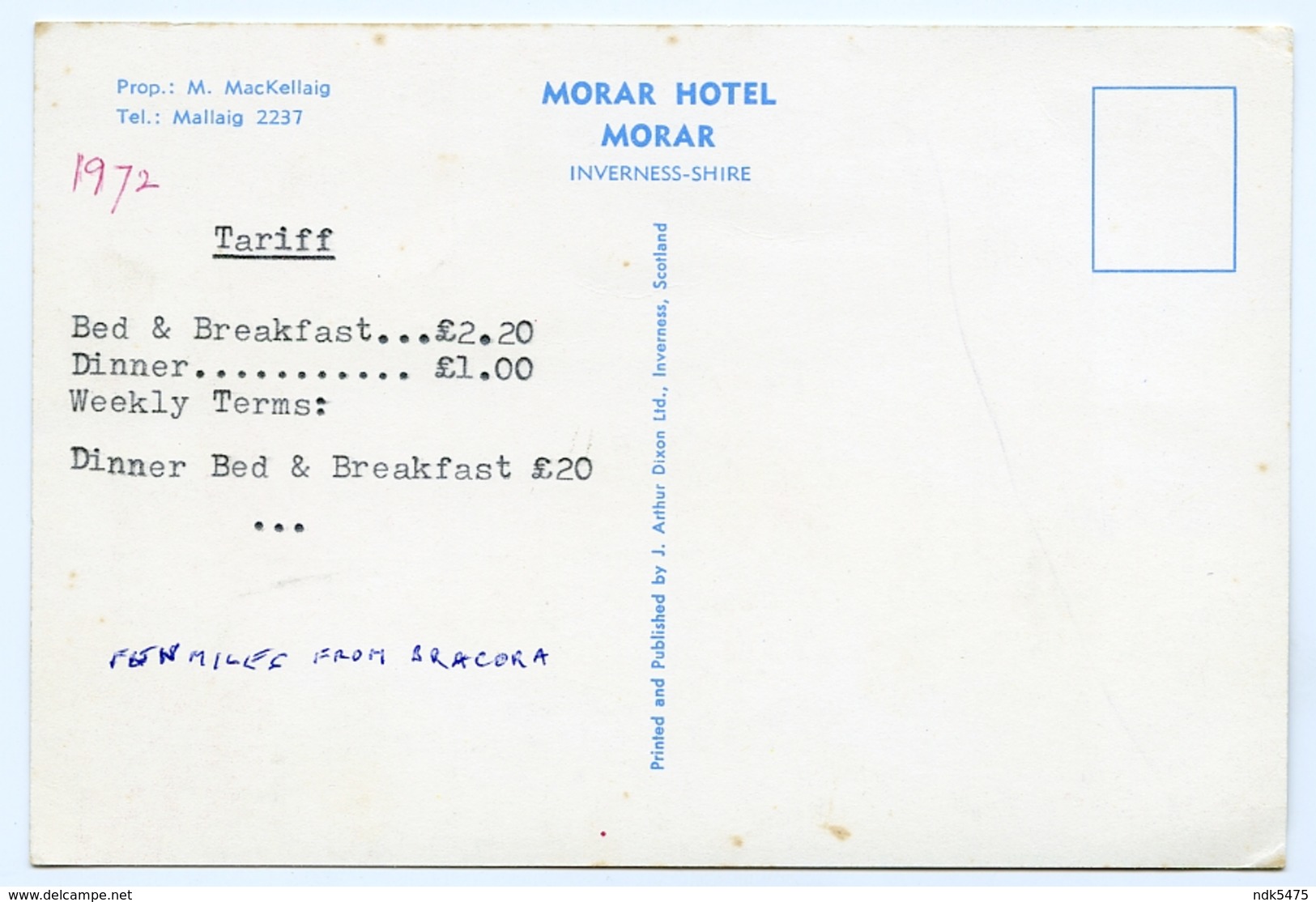 MORAR : MORAR HOTEL & TARIFF 1972 (10 X 15cms Approx.) - Inverness-shire