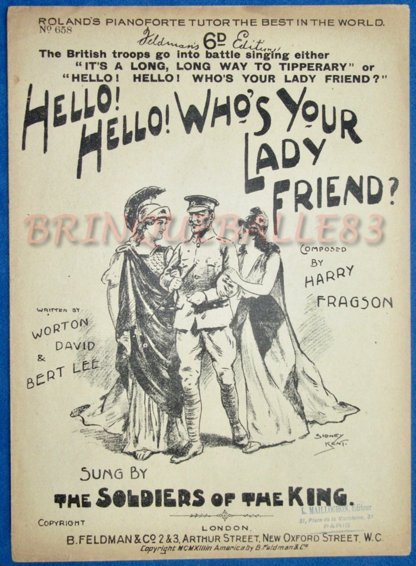 CAF CONC PIANO GF PARTITION CHANT MILITARIA FRAGSON HELLO WHO'S YOUR LADY FRIEND LEE DAVID ILL KENT 1913 - Andere & Zonder Classificatie