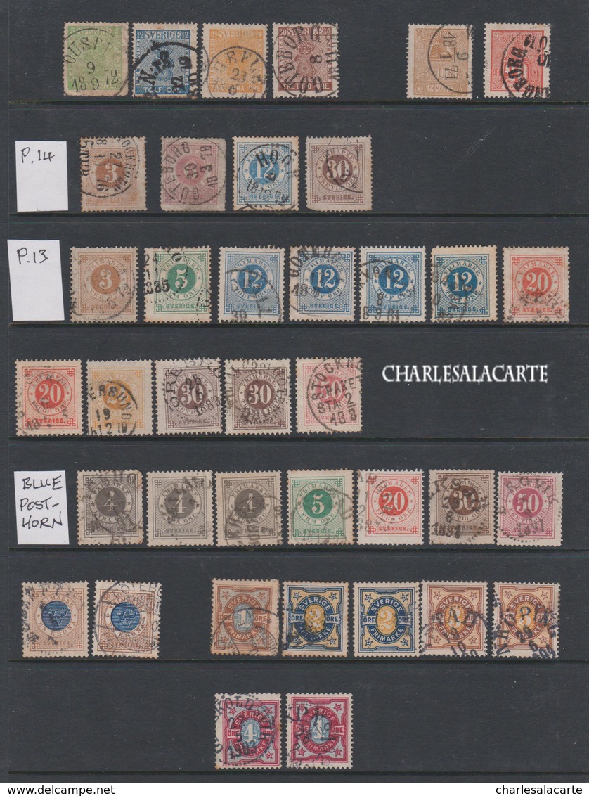 SWEDEN 1858-1891 COAT OF ARMS/LION/CIRCLE TYPES USED 38 STAMPS (27 DIFF.) FACIT 2100 SEK (200€) VARIED CONDITION - Collections