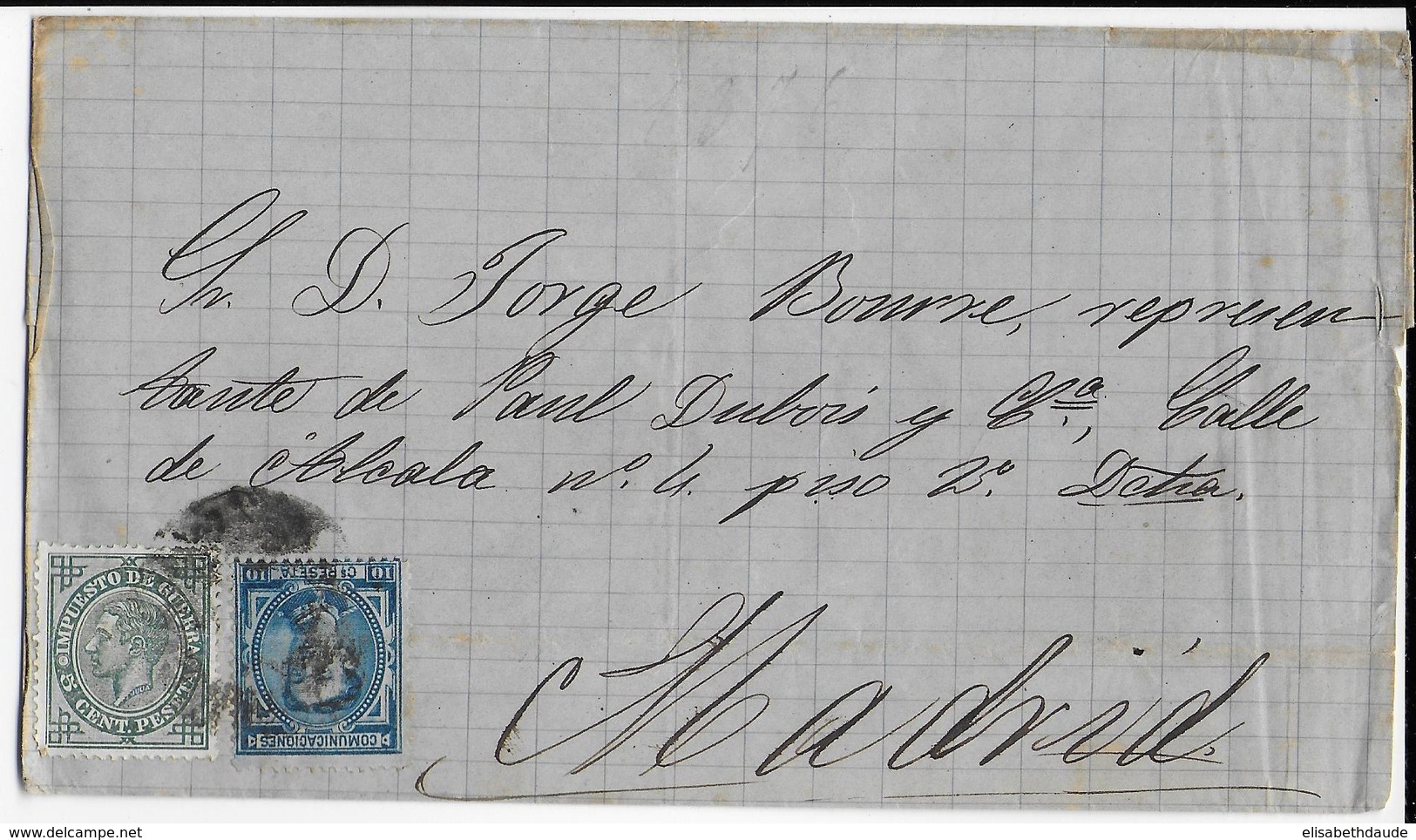 1877 - ESPAGNE - LETTRE SC => MADRID Avec IMPOT DE GUERRE - Storia Postale