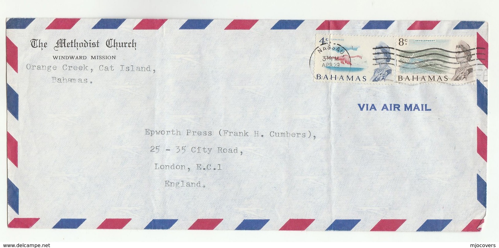 1968 BAHAMAS  Air Mail  METHODIST CHURCH WINDWARD MISSION ORANGE CREEK COVER To GB Stamps Religion - 1963-1973 Ministerial Government