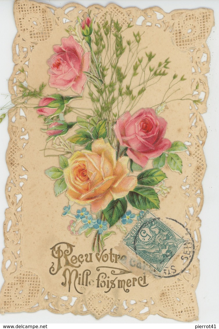 FLEURS - Jolie Carte Fantaisie Dentelle Avec Ajoutis Fleurs Roses "Reçu Votre Carte, Mille Fois Merci " - Fleurs