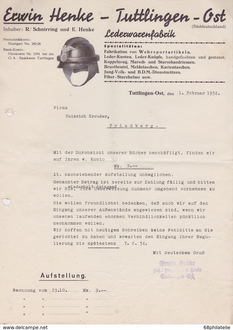 ALLEMAGNE 1934 RAPPEL DE FACTURE DE TUTTLINGEN  FA ERWIN HENKE - 1900 – 1949