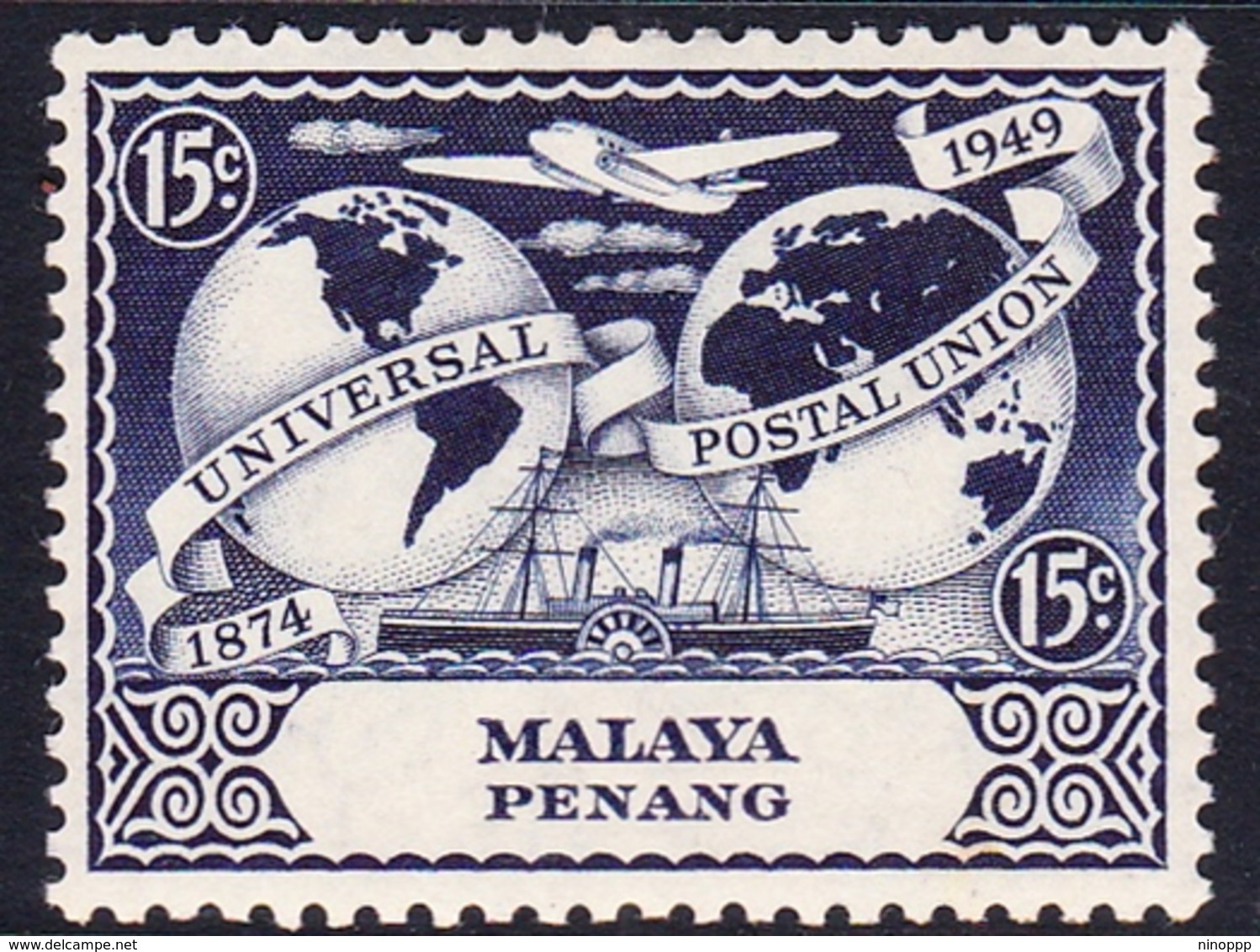 Malaysia-Penang SG 24 1949 75th Anniversary Of UPU, 15c Blue, Mint Hinged - Penang