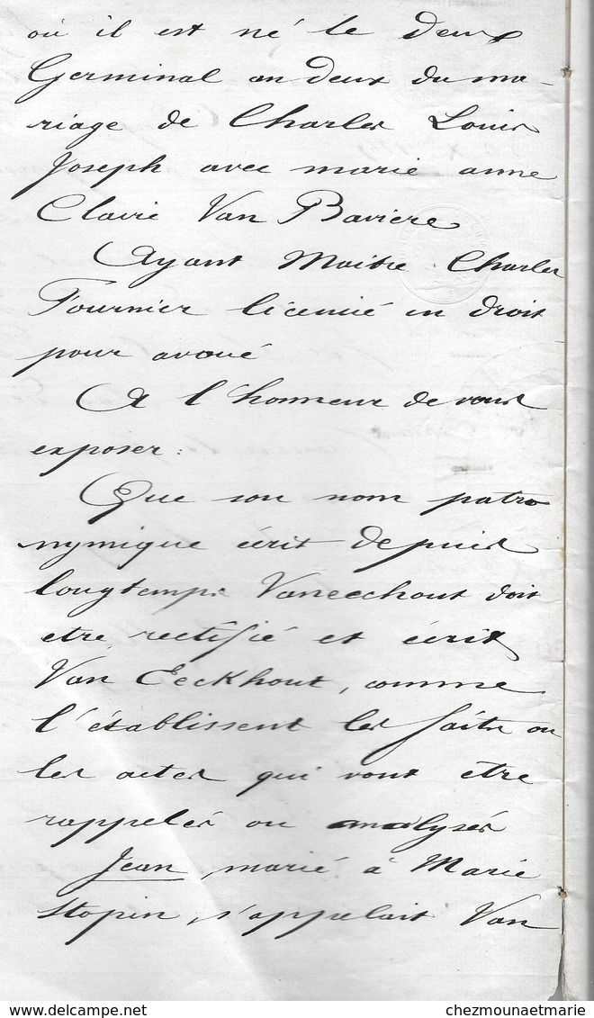 SAINT OMER 1869 - JUGEMENT / REQUETE POUR QUE NOM VANEECHOUT SOIT ECRIT VAN EECKHOUT - 46 PAGES - PAS DE CALAIS - Historical Documents