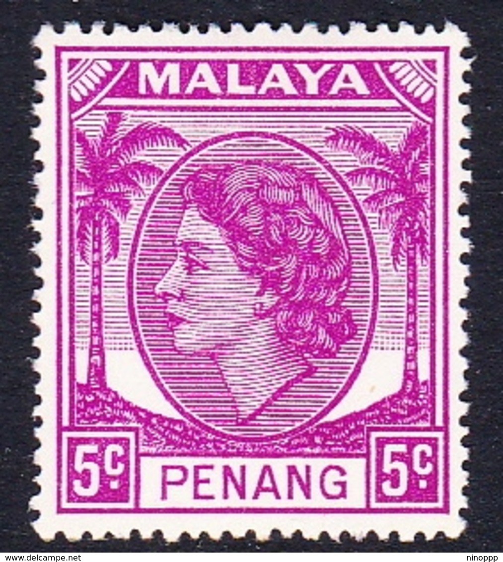 Malaysia-Penang SG 31 1954 Queen Elizabeth II, 5c Bright Purple, Mint Hinged - Penang