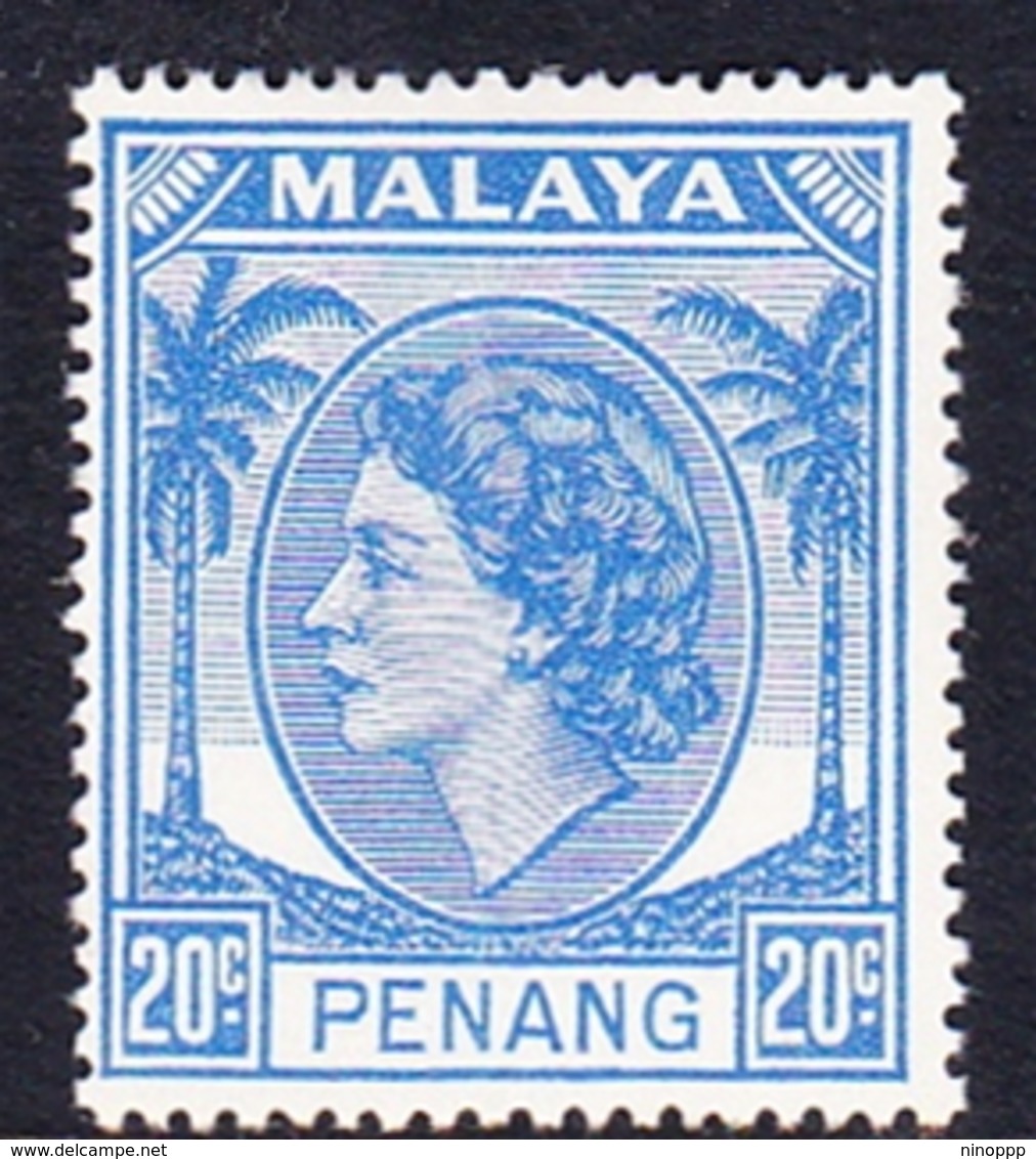 Malaysia-Penang SG 36 1954 Queen Elizabeth II, 20c Bright Blue, Mint Hinged - Penang