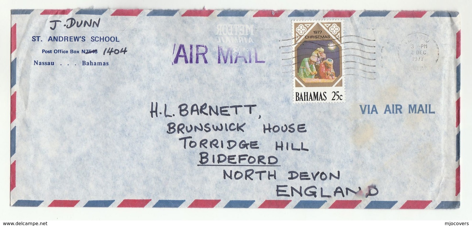 1977 BAHAMAS ST ANDREWS SCHOOL Nassau Air Mail COVER  CHRISTMAS Stamps To GB - Bahamas (1973-...)