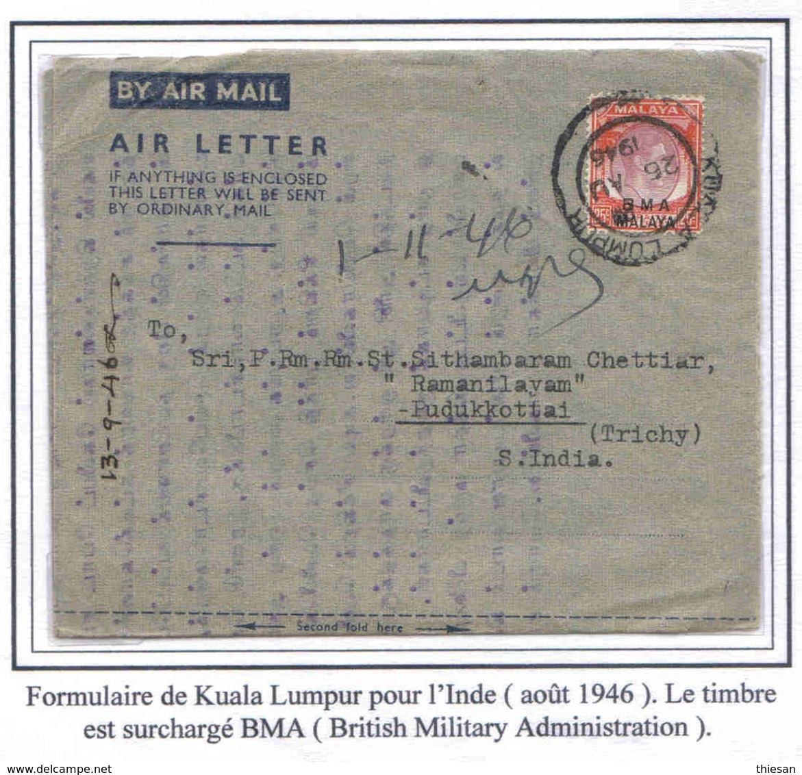 Malaisie Aérogramme Formulaire 1946  Aerogram Air Letter Entier Entero Ganzsache Lettre Carta Belege Airmail Cover - Federation Of Malaya