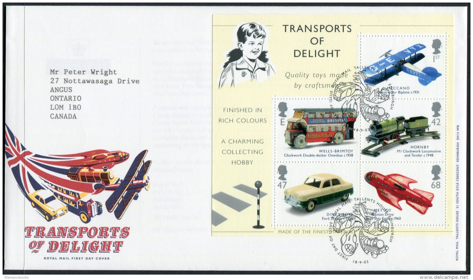 2003 GB Transports Of Delight FDC. Toys Miniatue Sheet First Day Cover. Hornby Meccano Dinky - 2001-2010 Em. Décimales
