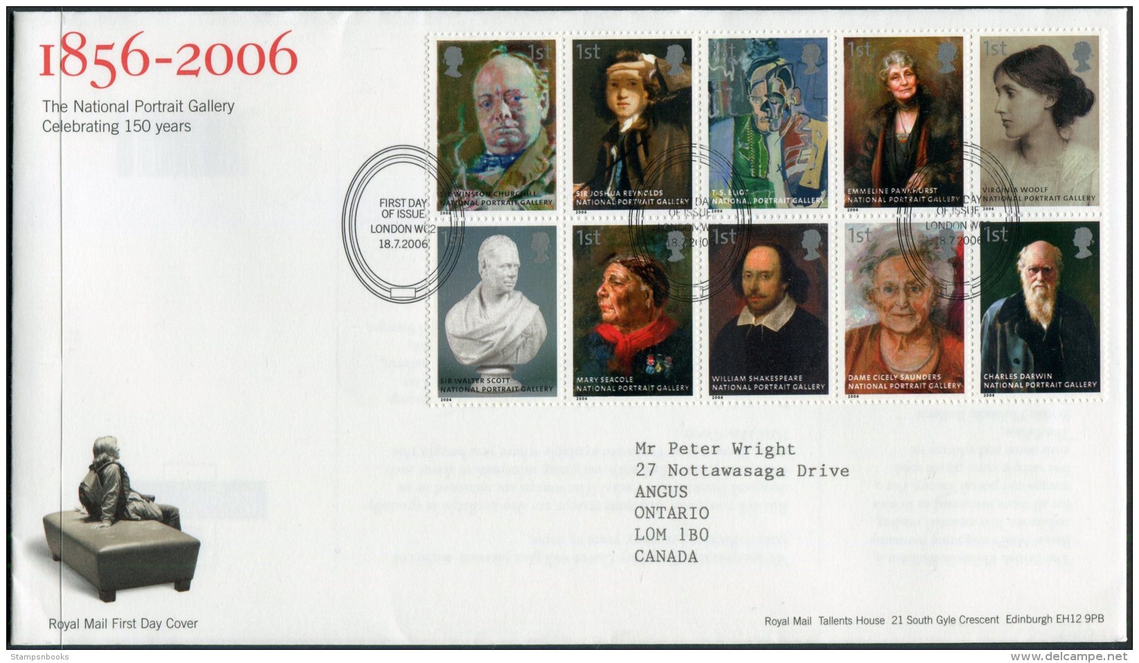 2006 GB National Portrait Gallery FDC. Paintings Art First Day Cover. Shakespeare Darwin Churchill Pankhurst Seacole - 2001-2010 Decimal Issues