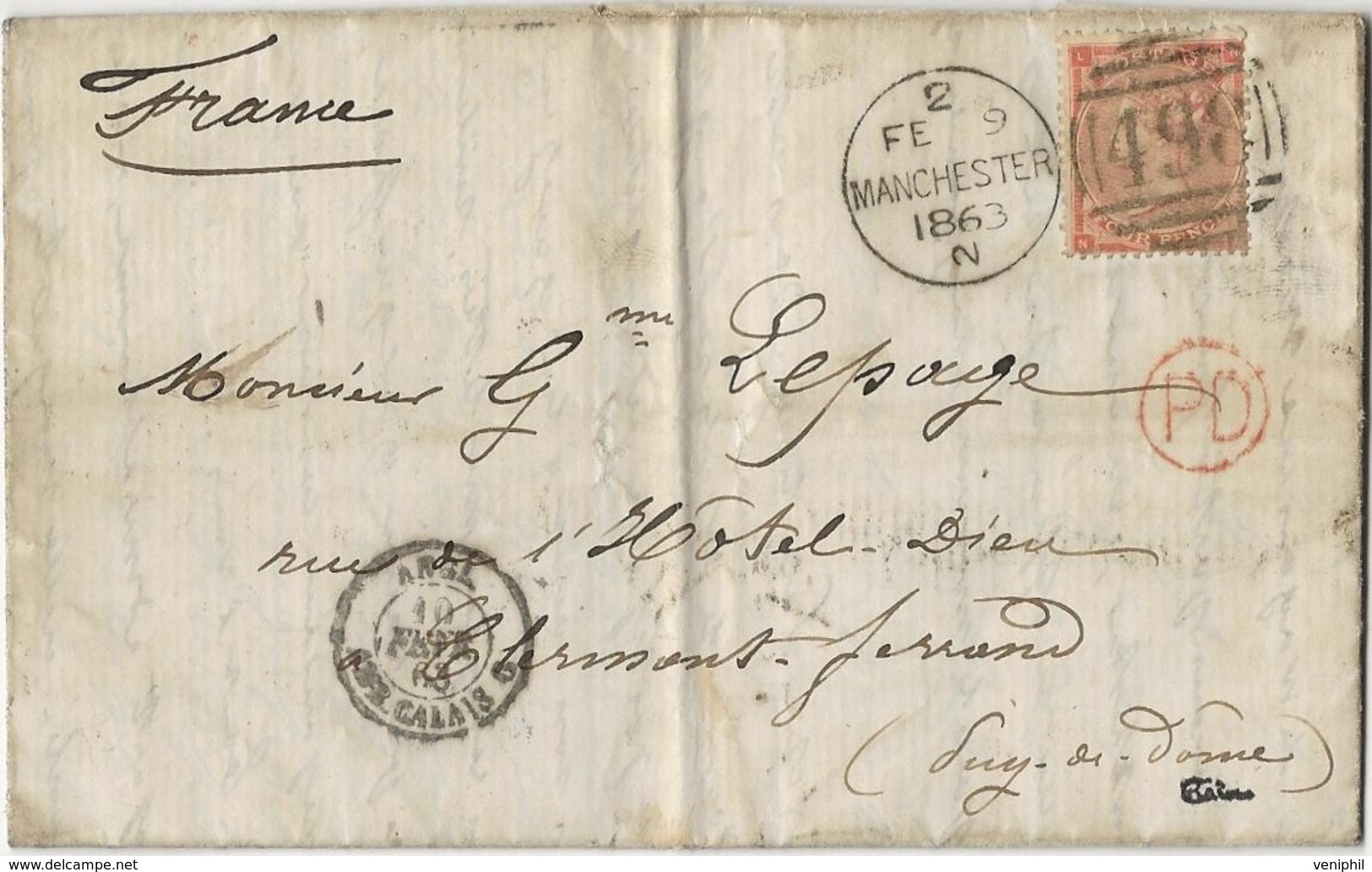 GRANDE - BRETAGNE - LETTRE AFFRANCHIE N°25 - CAD - 2 FEV MANCHESTER 1863.N - Storia Postale