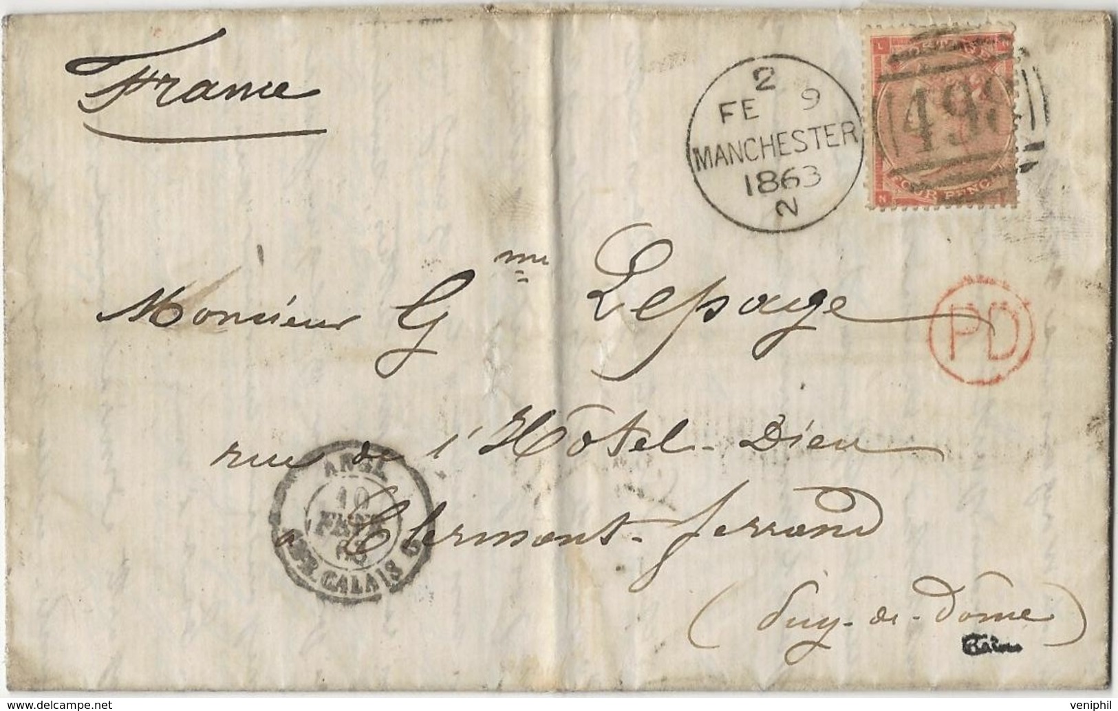 GRANDE - BRETAGNE - LETTRE AFFRANCHIE N°25 - CAD - 2 FEV MANCHESTER 1863.N - Lettres & Documents