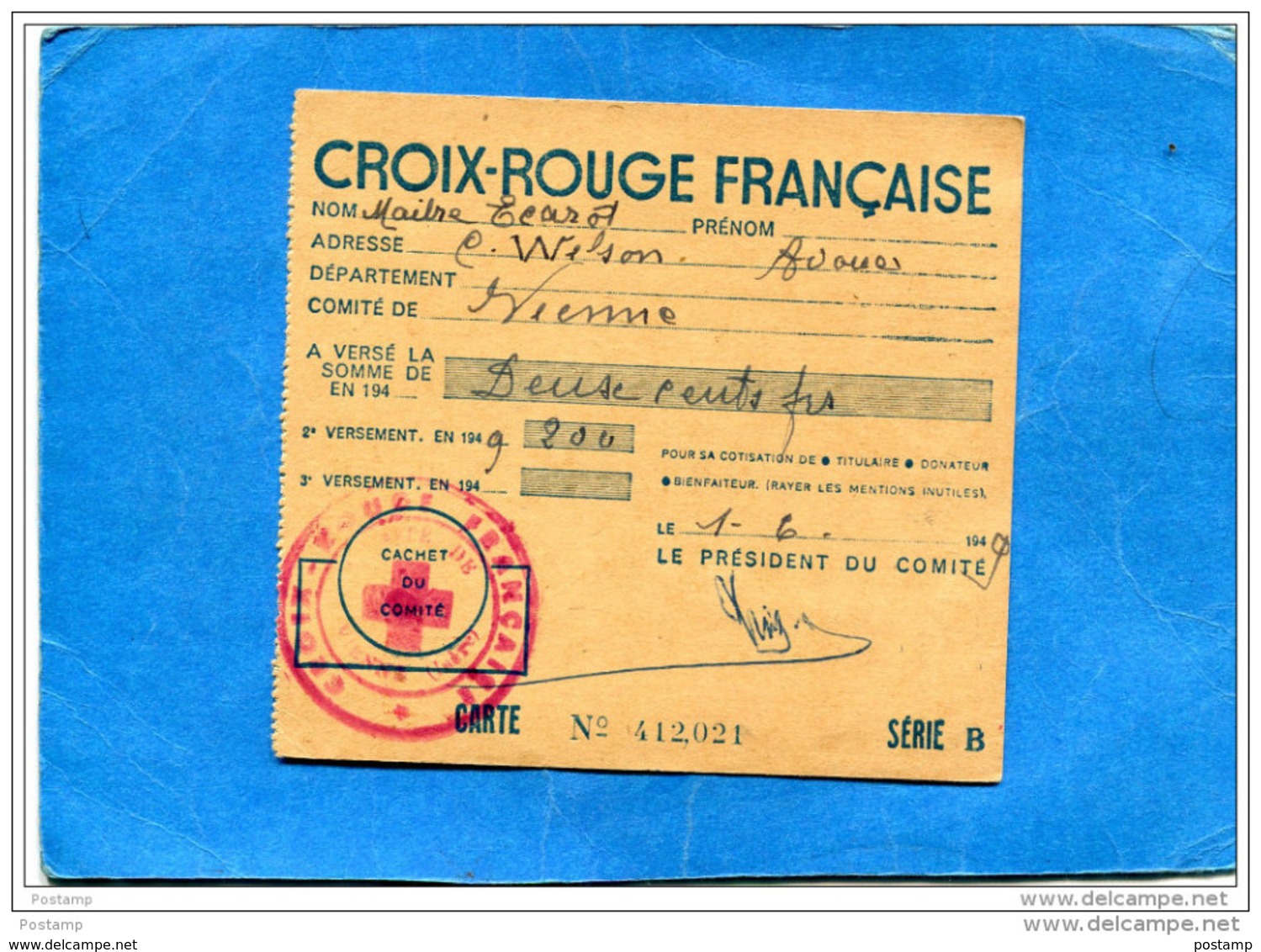 Carte D'adhérent Croix Rouge 1949+Vignette  Afférente-ligue Internationale Des Stés Croix Rouge - Rotes Kreuz