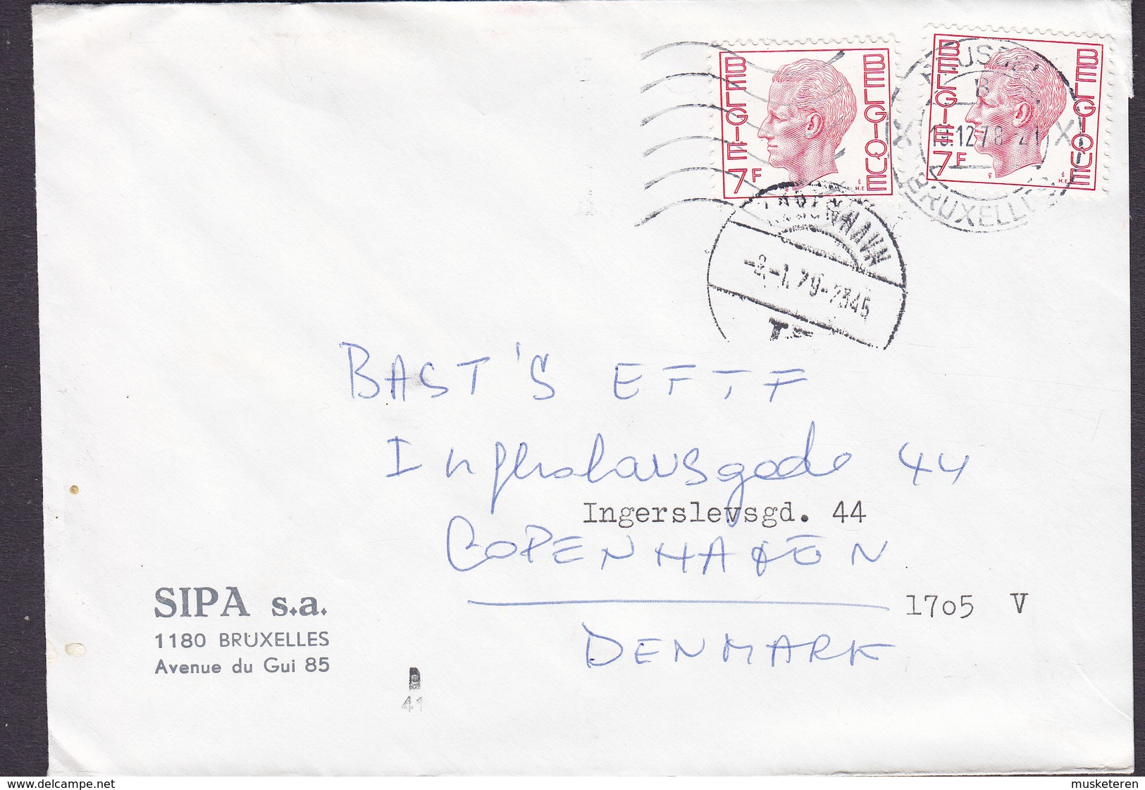 Belgium SIPA S.a. BRUXELLES Brussel 1979 Cover Lettre KØBENHAVN K. (Arr. Cds.) Denmark 2x 7 Fr. Baudouin Timbres - Briefe U. Dokumente