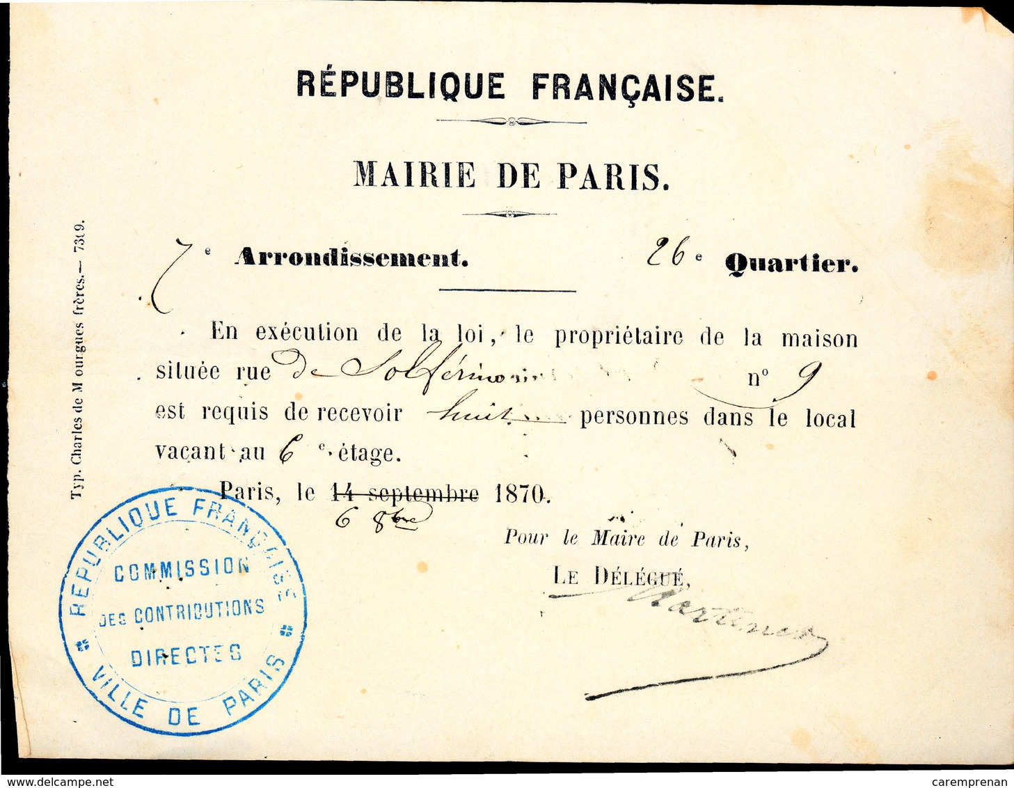 Siège De Paris (1870) Réquisition De Logement - Documents Historiques