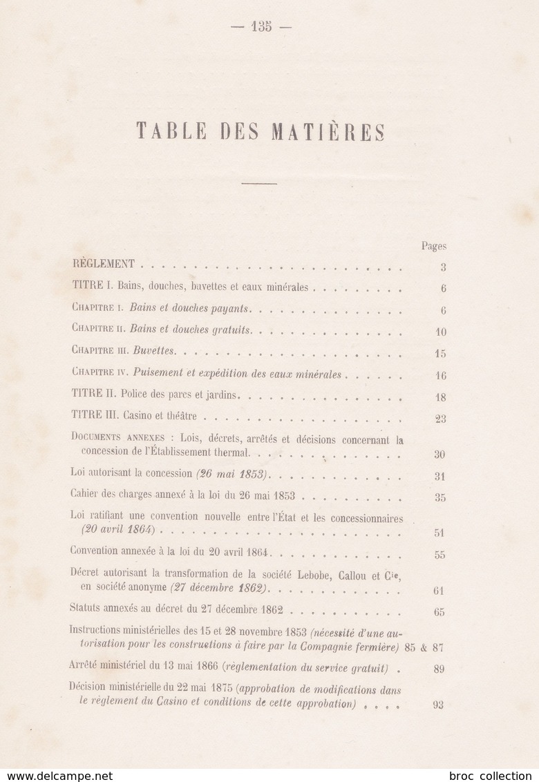 Réglement De L'établissement Thermal De Vichy, 1880, Préfecture De L'Allier, Table Scannée - Bourbonnais