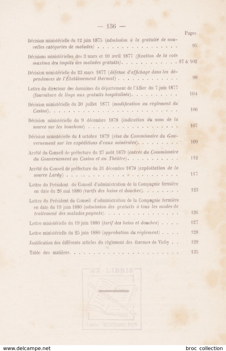 Réglement De L'établissement Thermal De Vichy, 1880, Préfecture De L'Allier, Table Scannée - Bourbonnais