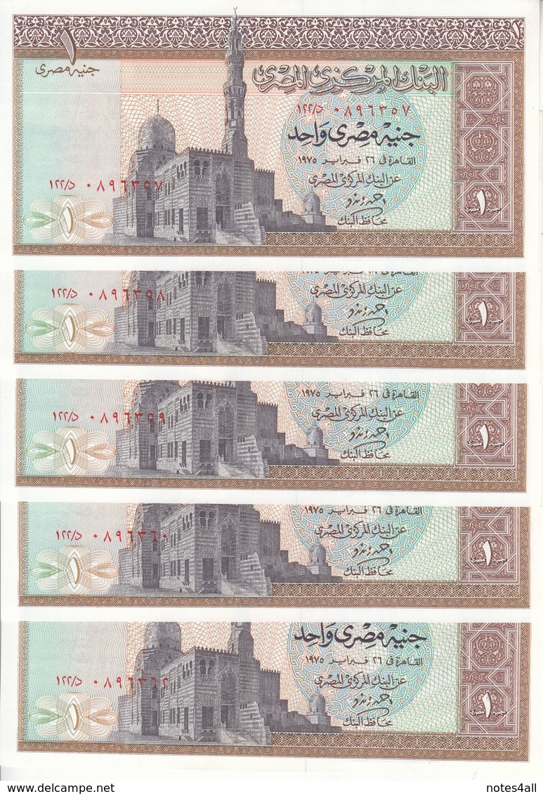 EGYPT 1 EGP 1975 P-44 SIG/ ZINDO #14 LOT X5 UNC NOTES  */* - Egypt