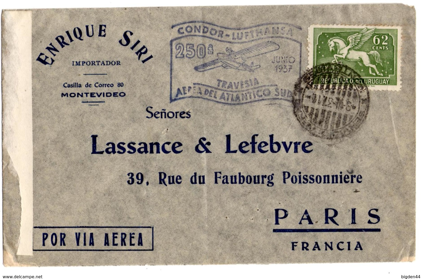 Lettre Par Avion De Montevideo (09.06.1937) Pour Paris_Condor Lufthansa_Lassance Et Lefebvre - Uruguay