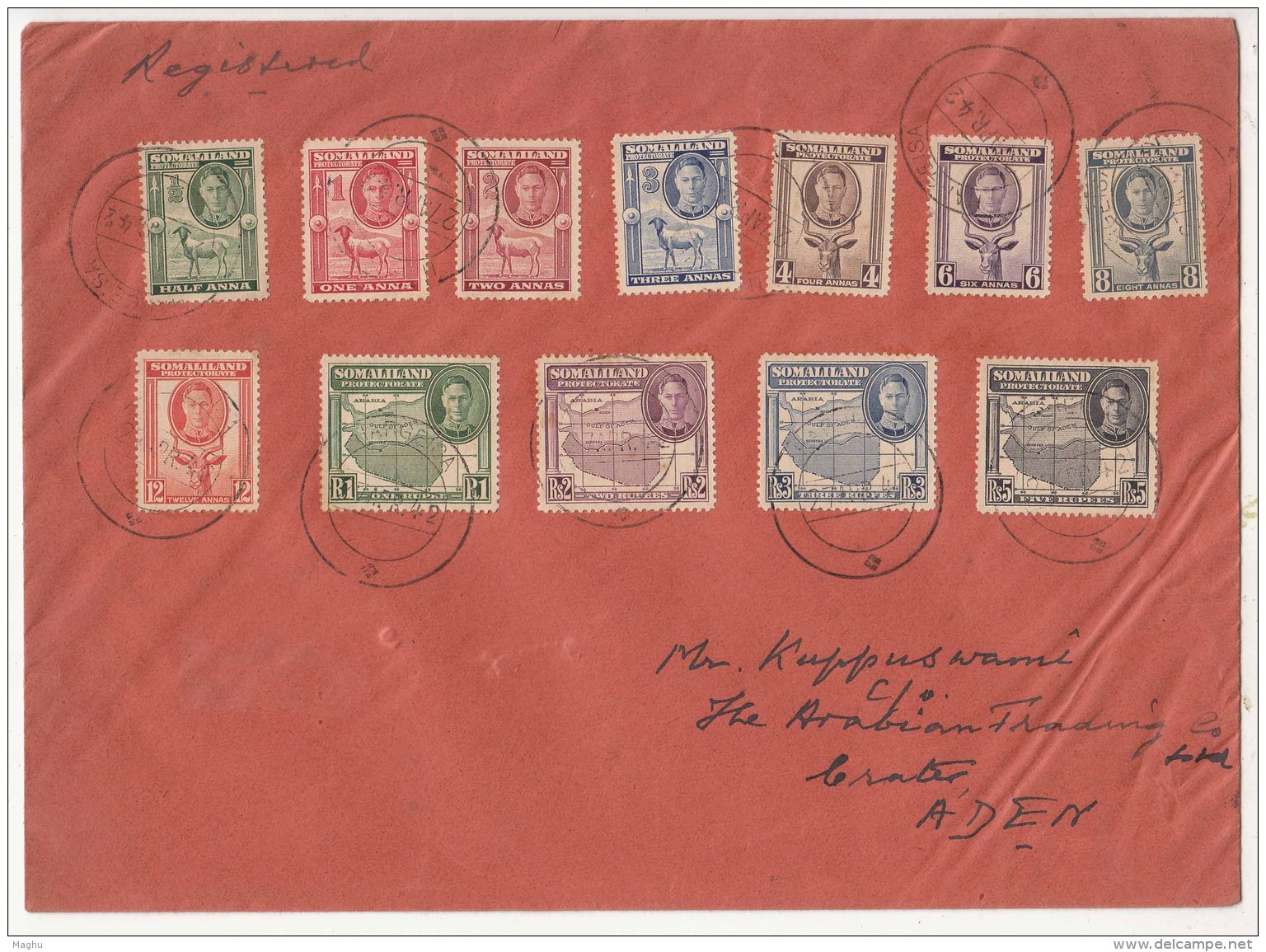 FDC 1942 Complete Set Of 12, British Somaliland Protectorate, Registered Used To Aden. - Somaliland (Herrschaft ...-1959)