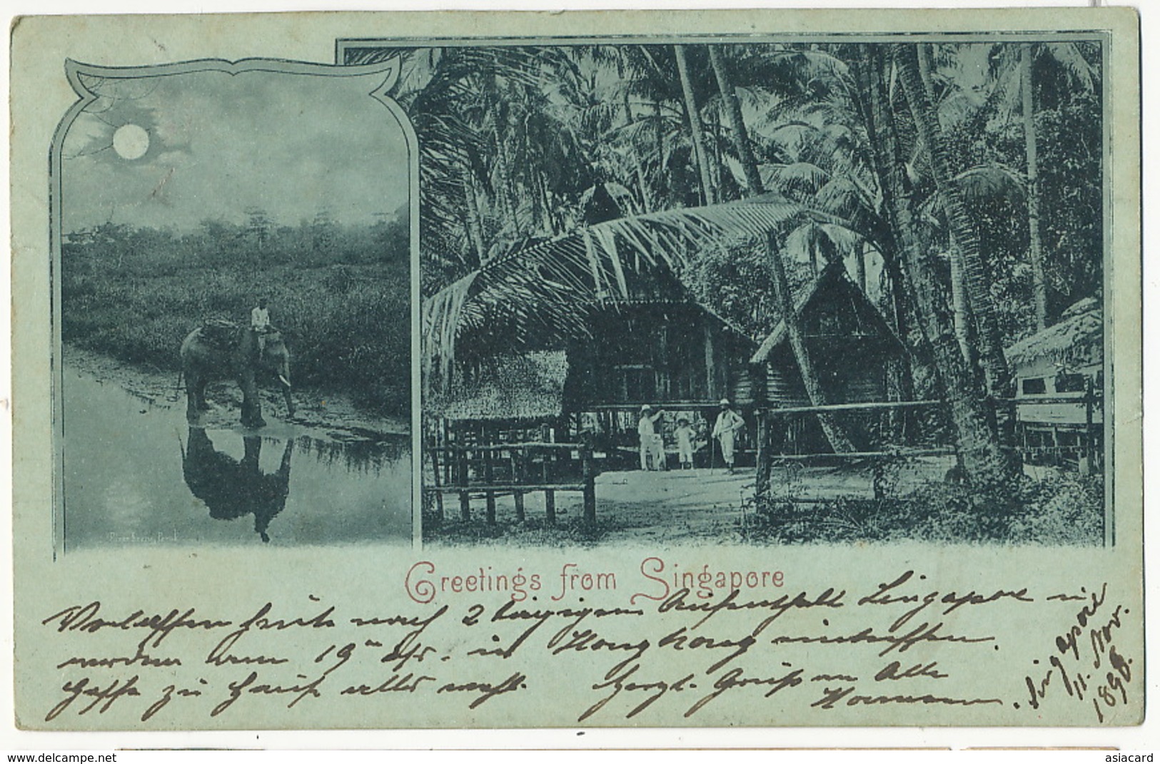 Singapore . Greetings Bleu à La Lune . Elephant . P. Used 1898 To Ingelfingen - Singapour