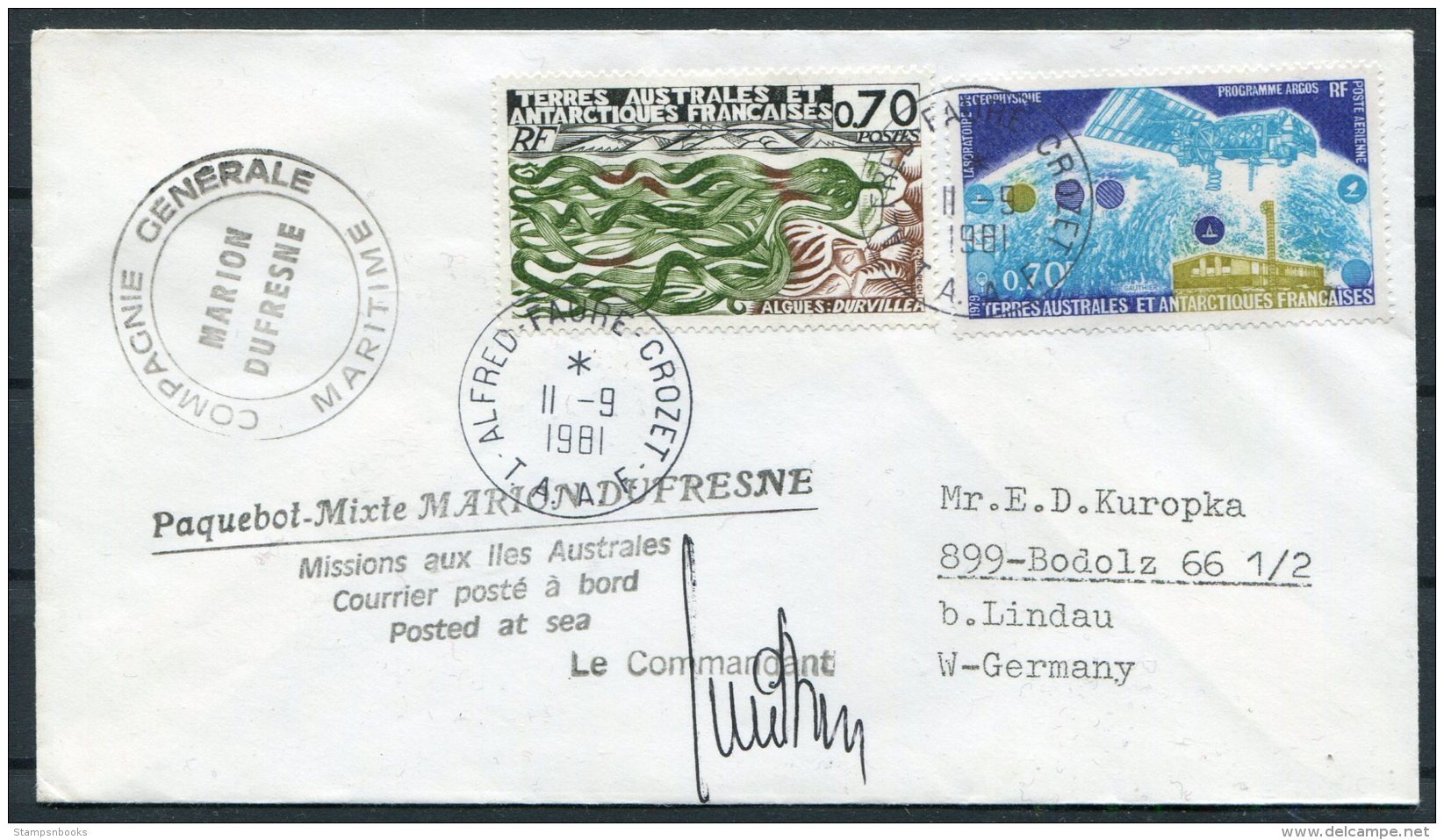 1981 T.A.A.F. Alfred Faure, Marion Defrense Signed Paquebot Ship Cover. Antarctic - Covers & Documents