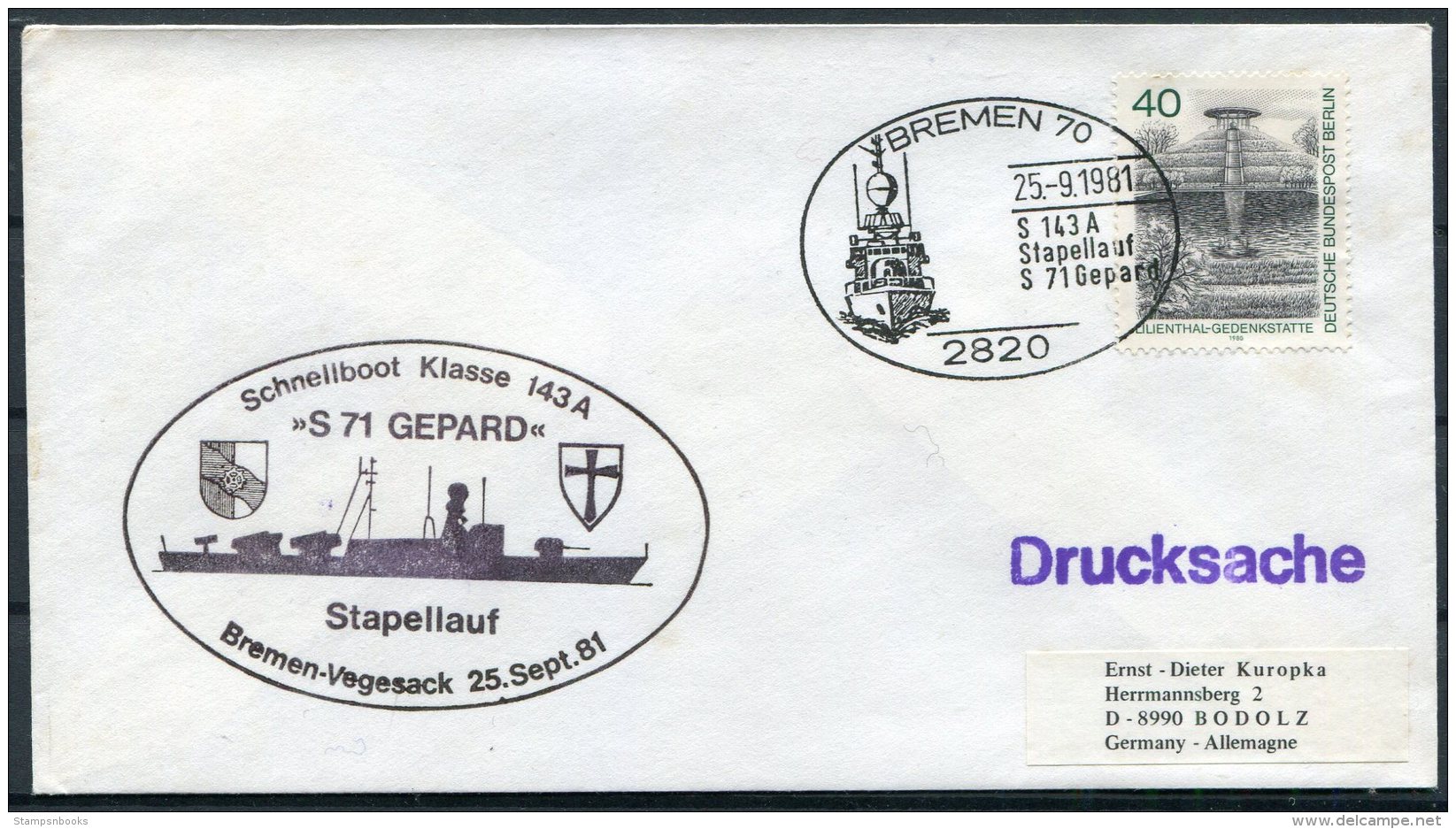 1981 Germany Bremen S 71 GEPARD Schnellboot Stapellauf Ship Cover - Covers & Documents