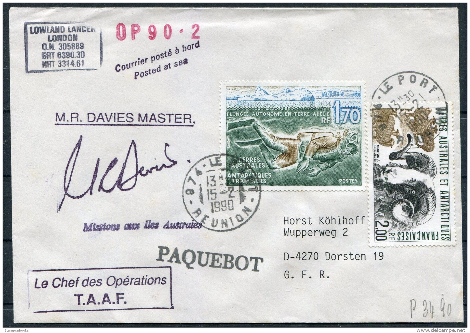 1990 TAAF Antarctica Reunion Paquebot Ship Cover. Lowland Lancer - Covers & Documents