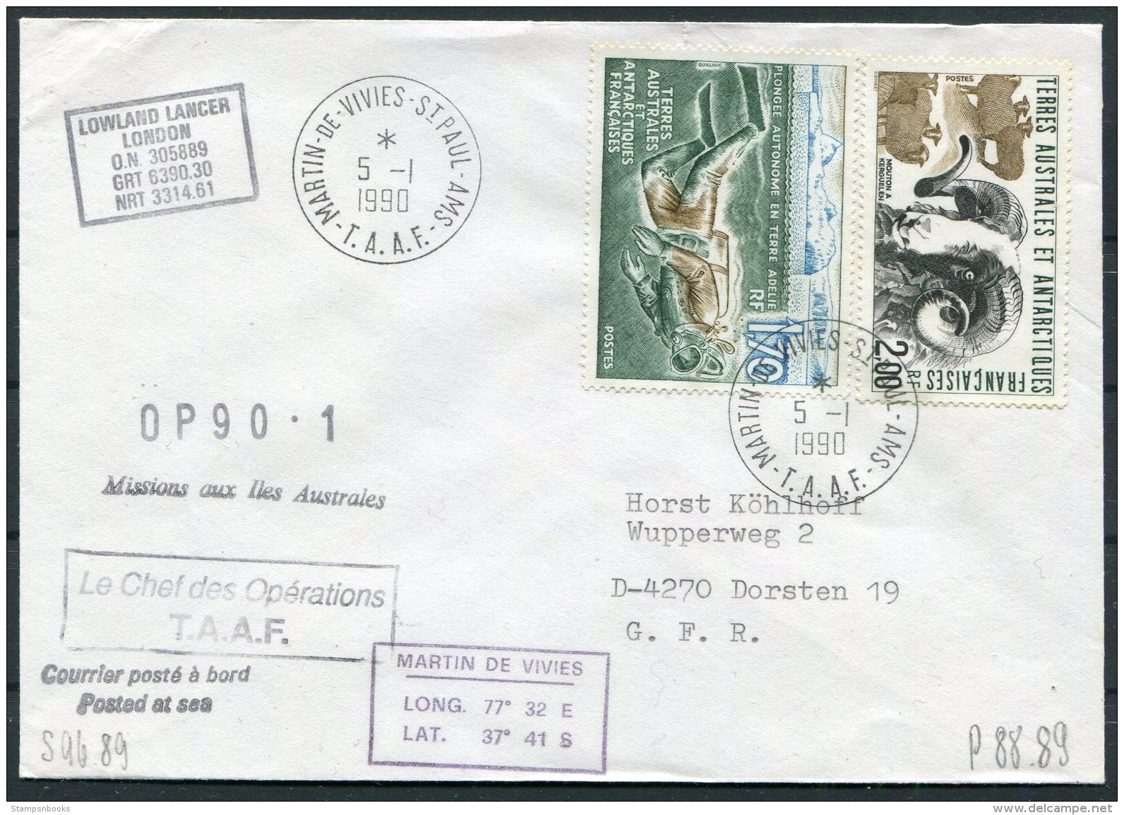 1989 TAAF Martin De Vivies St Paul AMS. T.A.A.F. Antarctic Ship Cover. Lowland Lancer - Covers & Documents