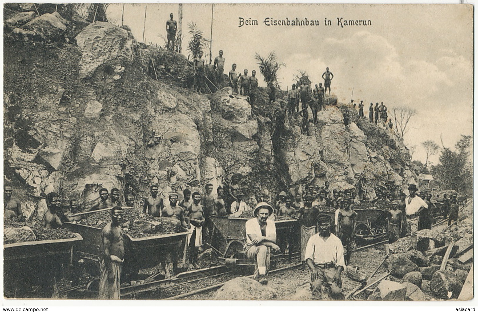 Beim Eisenbahnbau In Kamerun  Train De Minerai Mine 1915 Guerre Cachet Marine - Camerún