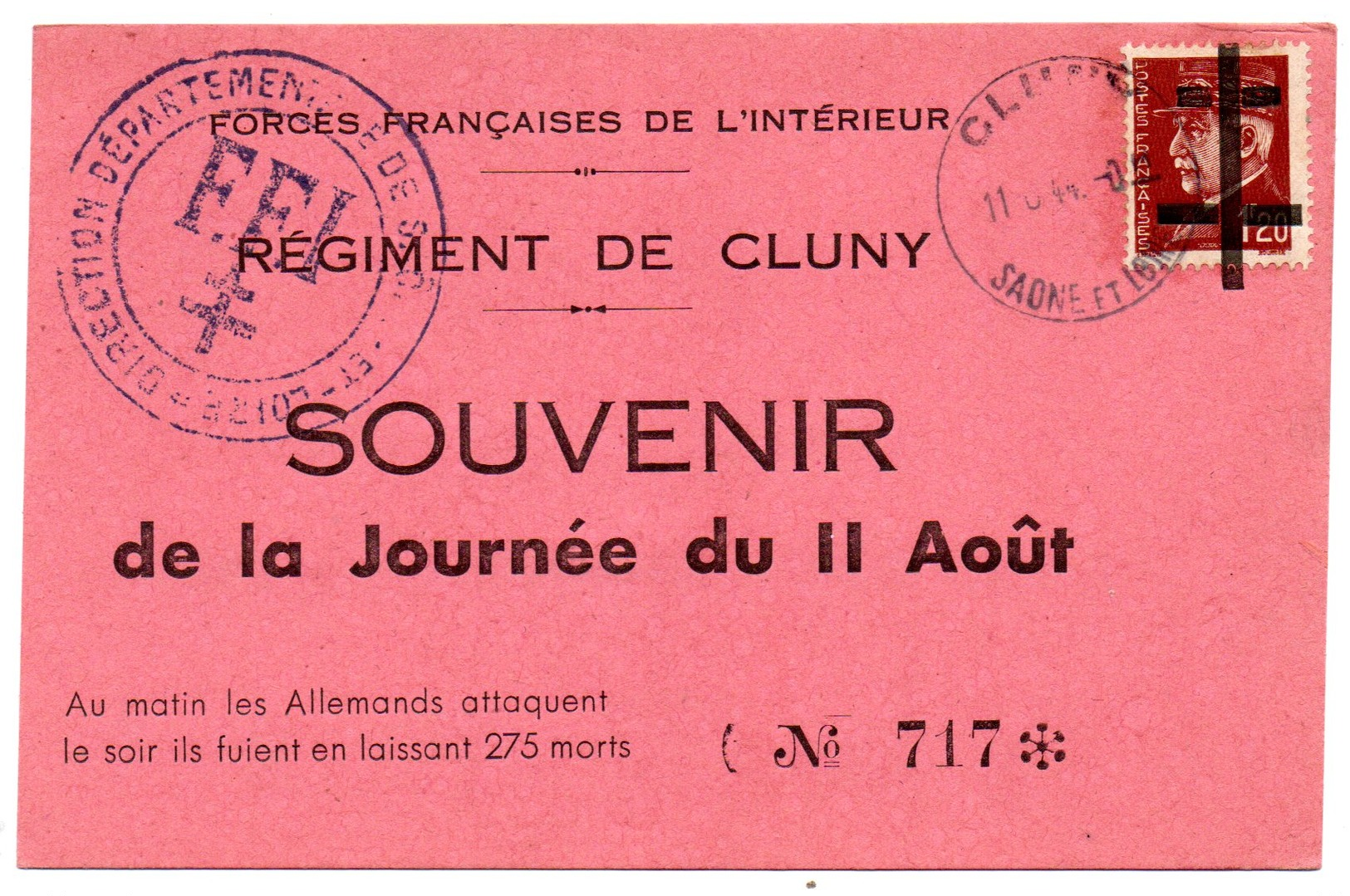 FRANCE - Libération - Pétain Sur Carte Souvenir Régiment De Cluny Du 11.8.44 - Libération