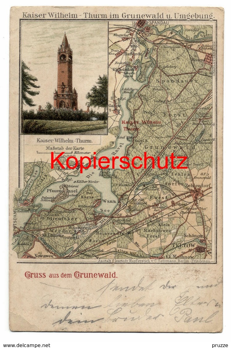 Berlin - Grunewald 1903, Kaiser Wilhelm-Turm Mit Landkarte, Nach Rixdorf - Grunewald