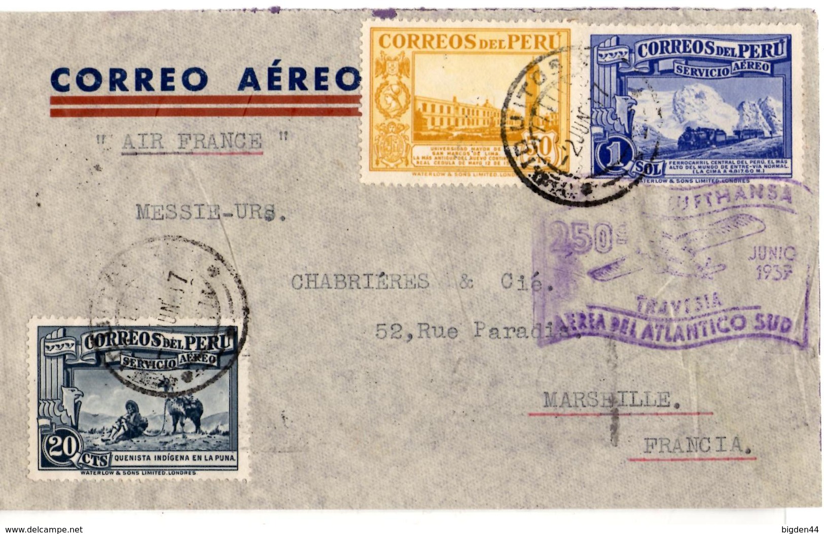 Lettre Par Avion De Iquitos (02.06.1937) Pour Marseille_via Lima_condor Lufthansa - Pérou