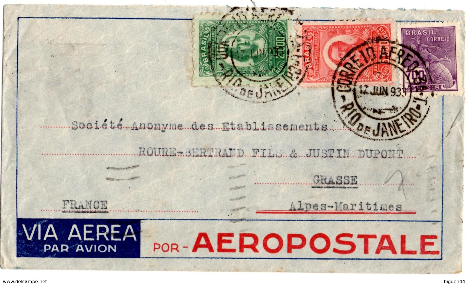 Lettre Par Avion De Rio De Janeiro (17.06.1933) Pour Grasse_Aeropostale - Airmail