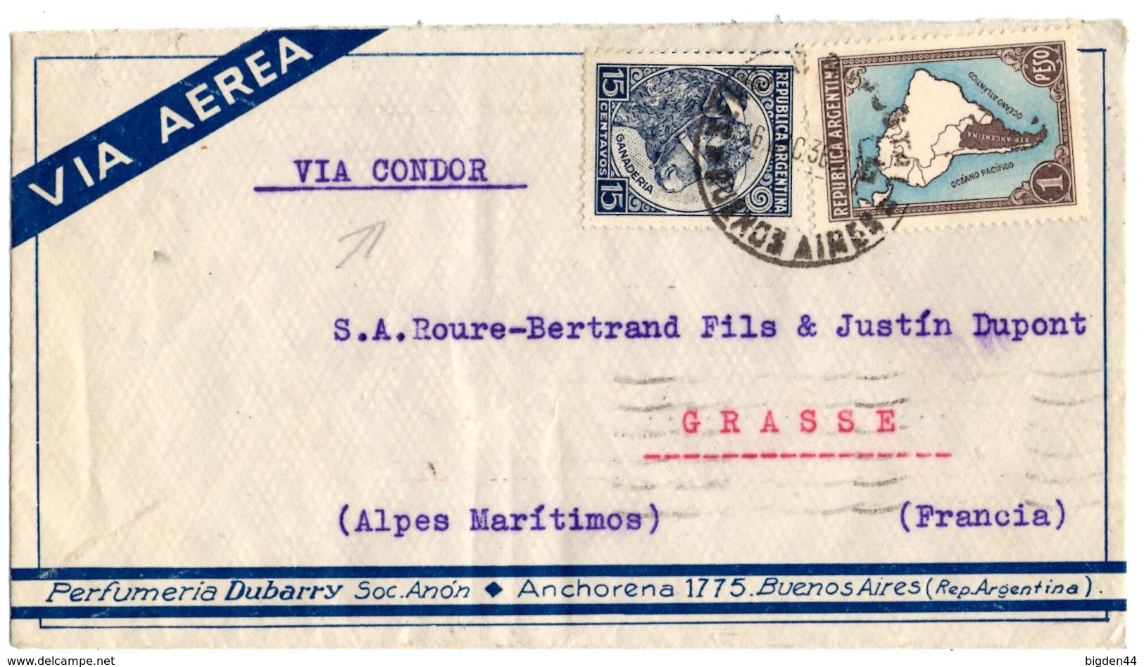 Lettre Par Avion De Buenos Aires (16.12.1936) Pour Grasse_ Condor - Poste Aérienne