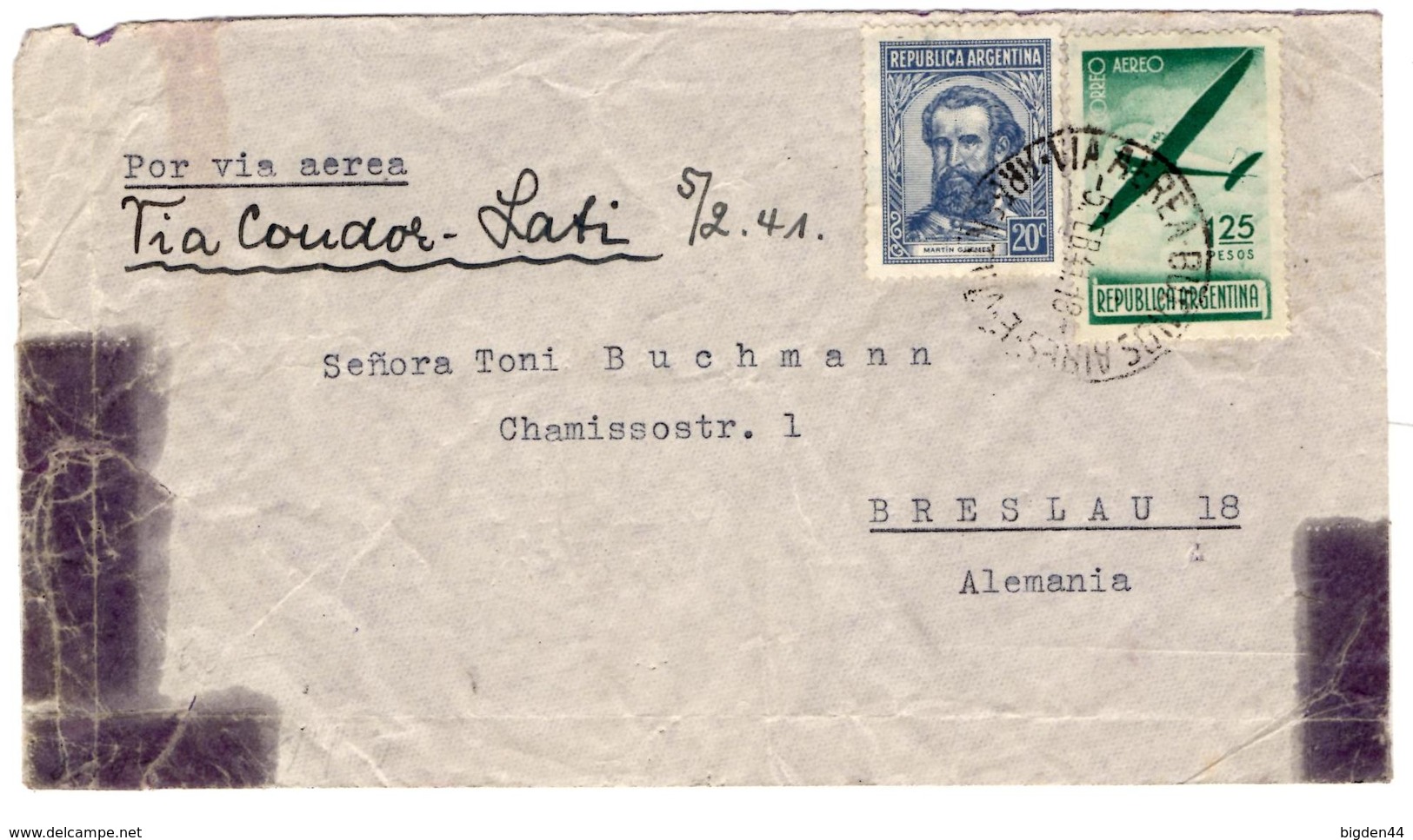 Lettre Par Avion De Buenos Aires (05.02.1941) Pour Breslau Condor Lati_censure Allemande - Luftpost