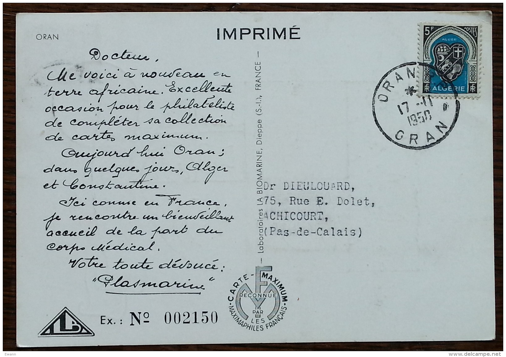 ALGERIE - CM / Carte Maximum 1950 - YT N°256 - Armoiries D'Oran - PLASMARINE - Cartes-maximum